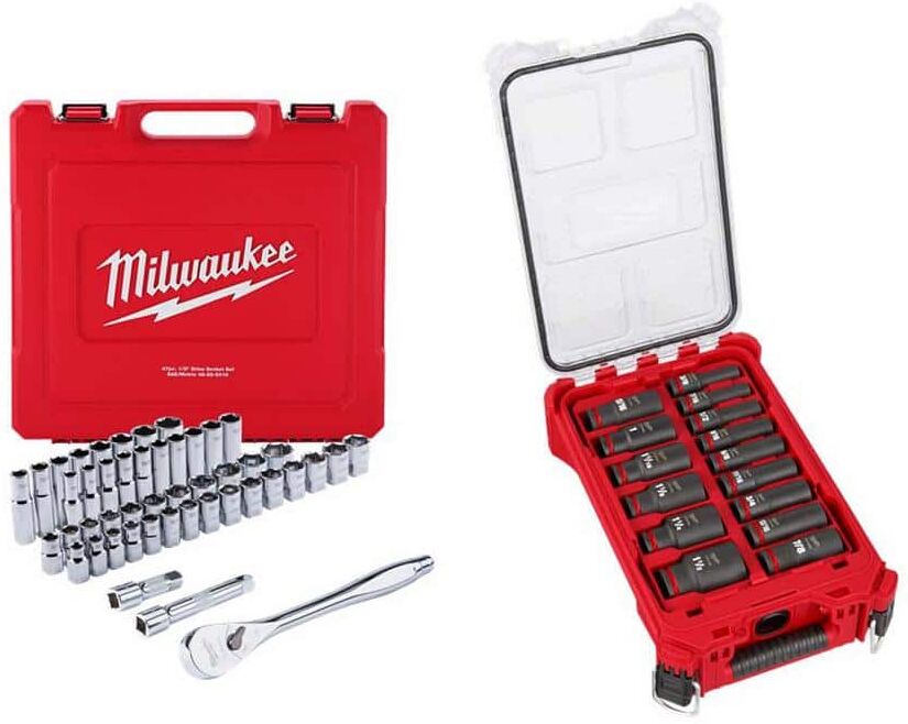 Milwaukee 1/2 in. Drive SAE/Metric Ratchet & Socket Tool Set & 1/2 in. Drive SAE Deep Well PACKOUT Impact Socket Set (62-Piece)