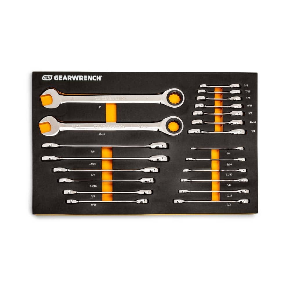 GEARWRENCH 21-Piece 72T SAE Standard and Stubby Ratcheting Wrench Set with EVA Foam Tray