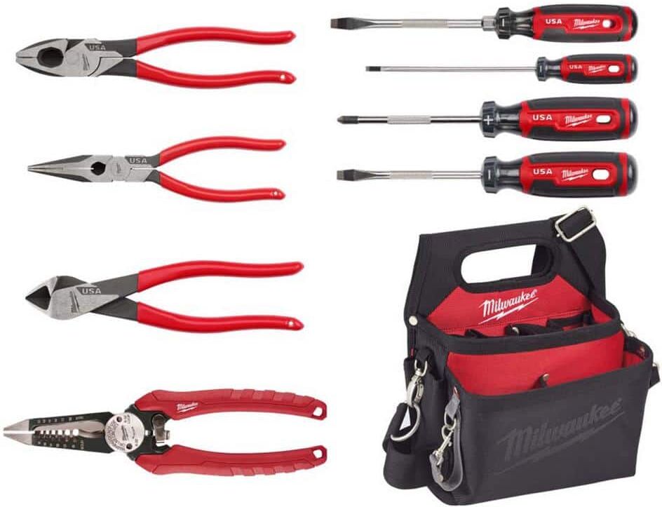 Milwaukee Electricians 9 in. Lineman's Dipped Grip Pliers with Wire Stripper, Work Pouch and Screwdriver Hand Tool Set (9-Piece)