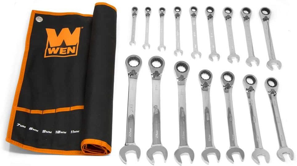 WEN 16-Piece Professional-Grade Reversible Ratcheting Metric Combination Wrench Set with Storage Pouch