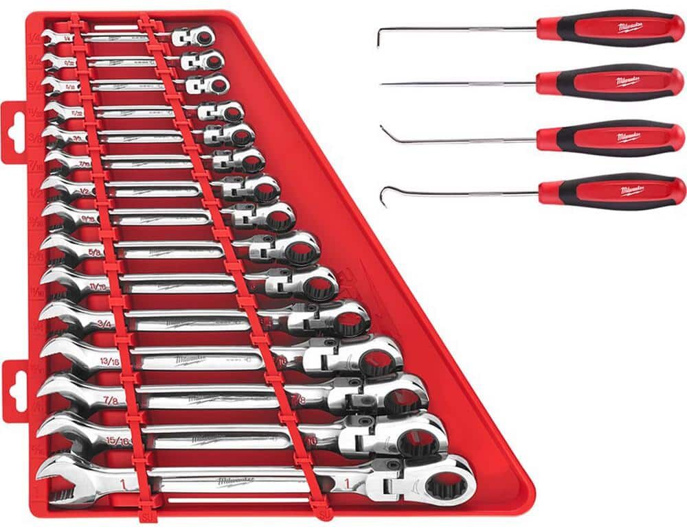 Milwaukee 144-Position Flex-Head Ratcheting Combination Wrench Set SAE with Hook and Pick Set (19-Piece)