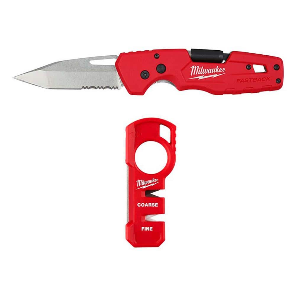Milwaukee FASTBACK 5-in-1 Folding Knife with 3 in. Blade with Compact Jobsite Knife Sharpener (2-Piece)