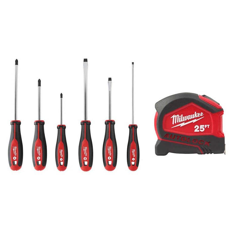 Milwaukee Screwdriver Set (6-Piece) W/ 25 ft. Compact Auto Lock Tape Measure