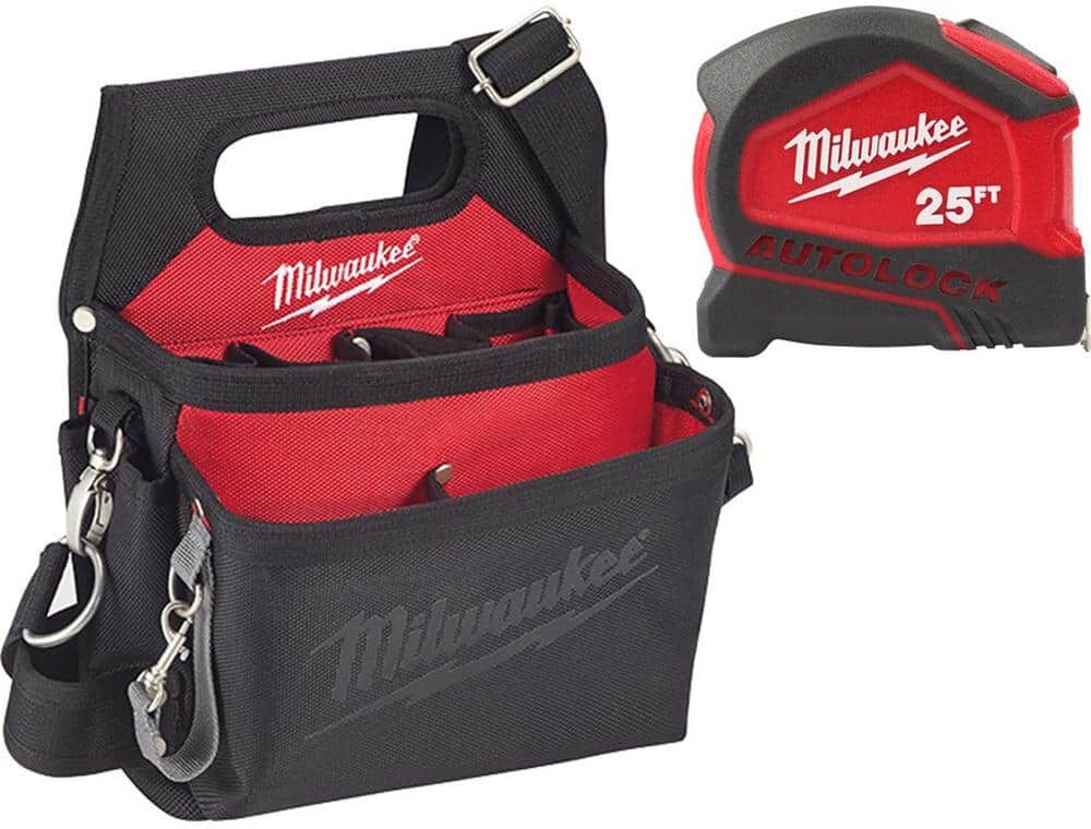 Milwaukee 15-Pocket Electricians Tool Pouch with Quick Adjust Belt and 25 ft. Compact Auto Lock Tape Measure