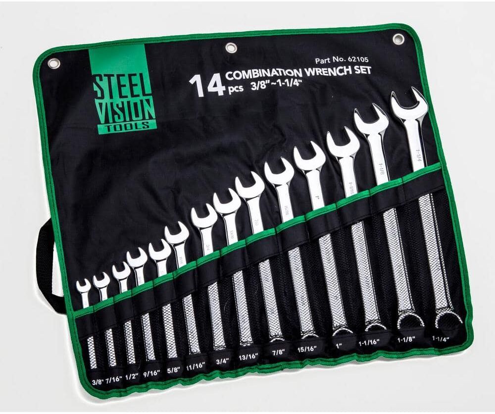 Steel Vision 3/8 in. - 1-1/4 in.12-Point SAE Full Polish Combination Wrench Set (14-Piece)