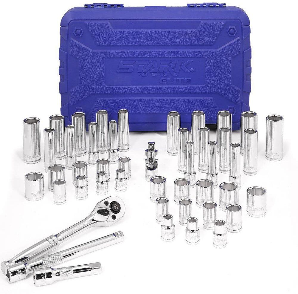 STARK USA 3/8 in. Drive Socket Set (SAE/MM) 90T Ratchet Extension Bar 6pt Socket Set (47-Pieces)