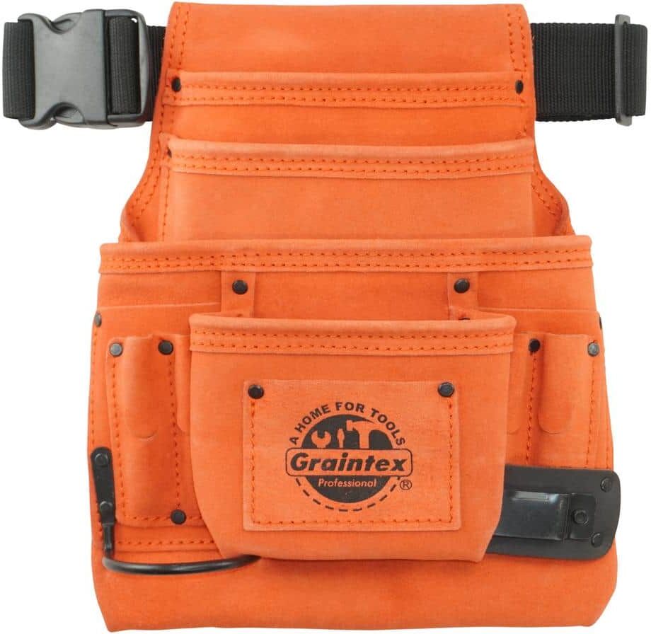 Graintex 10-Pocket Nail and Tool Pouch with Belt Orange Suede Leather w/Hammer Holder and Measuring Tape Clip