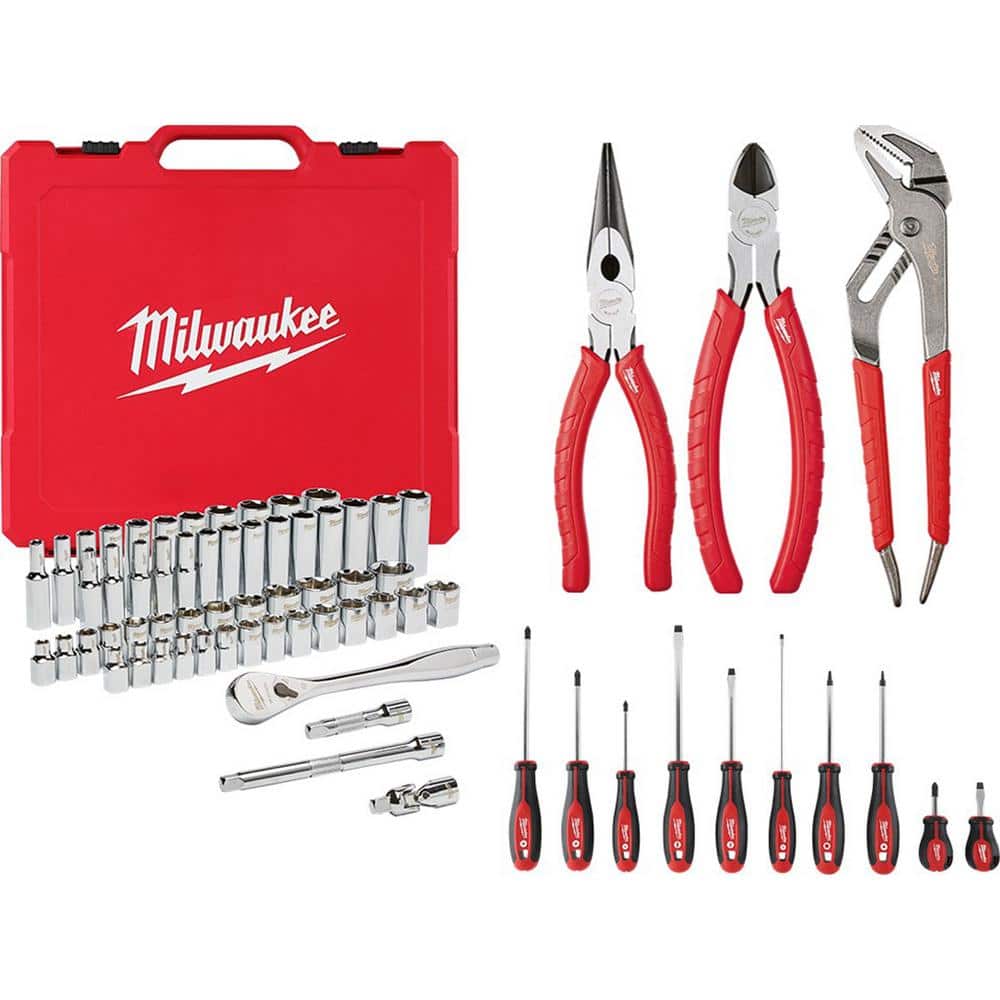 Milwaukee 3/8 in. Drive SAE/Metric Ratchet and Socket Mechanics Tool Set with Pliers Kit and Screwdriver Set (69-Piece)