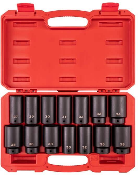 TEKTON 1/2 in. Drive Deep 6-Point and 12-Point Axle Nut Impact Socket Set with Case, 14-Piece (27-39 mm)