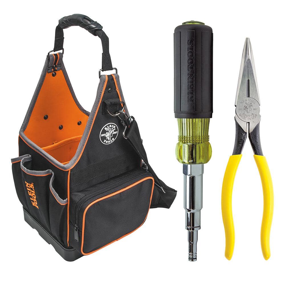 Klein Tools 3-Piece Tool bag, Heavy-Duty Long Nose Side Cutting Pliers and Multi-Nut Driver Tool Set