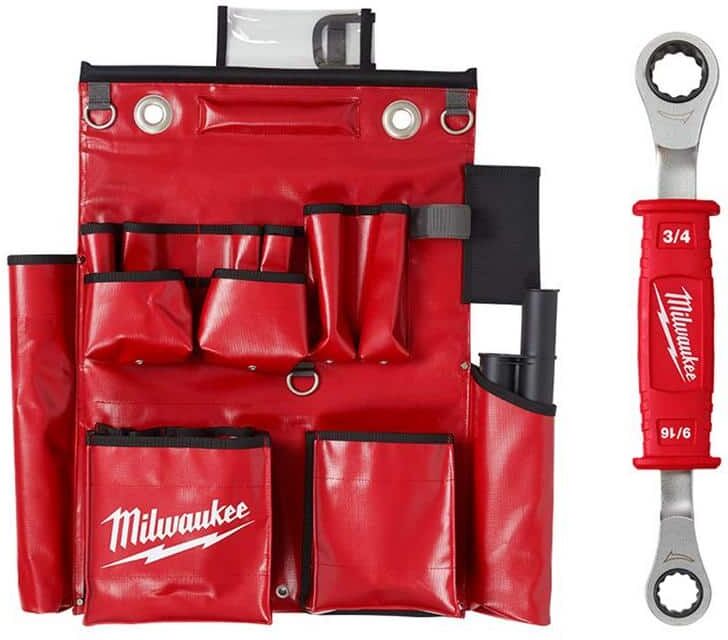 Milwaukee Lineman's Compact Aerial Tool Apron with Lineman's 2-In-1 Insulated Ratcheting Box Wrench