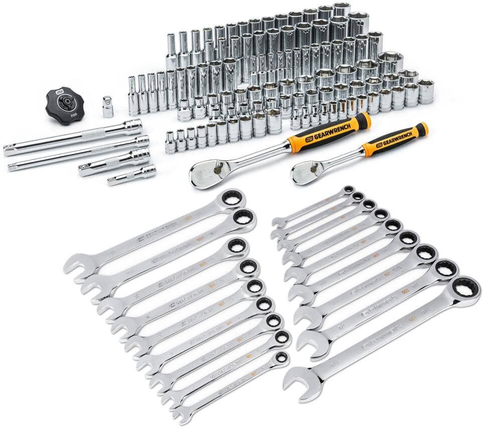 GEARWRENCH 1/4 in. and 3/8 in. Drive 6-Point Standard/Deep SAE/MM 90-Tooth Mechanics Tool Set with Ratcheting Wrenches (124-Piece)