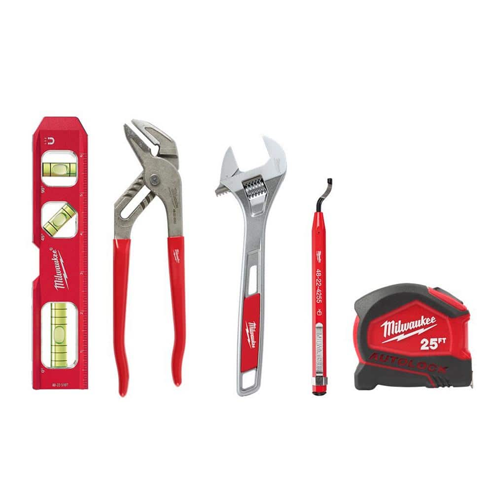 Milwaukee 12 in. Adjustable Wrench, 7 in. Torpedo Level, Reaming Pen, 10 in Smooth Jaw Plier & Tape Measure (5-Piece)