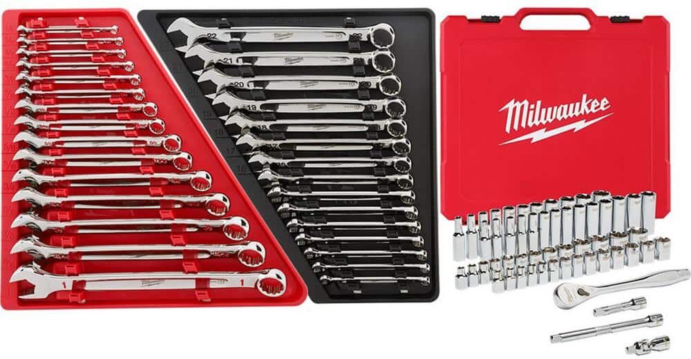 Milwaukee Combination SAE and Metric Wrench Set with 3/8 in. Drive SAE/Metric Ratchet and Socket Mechanics Tool Set (86-Piece)