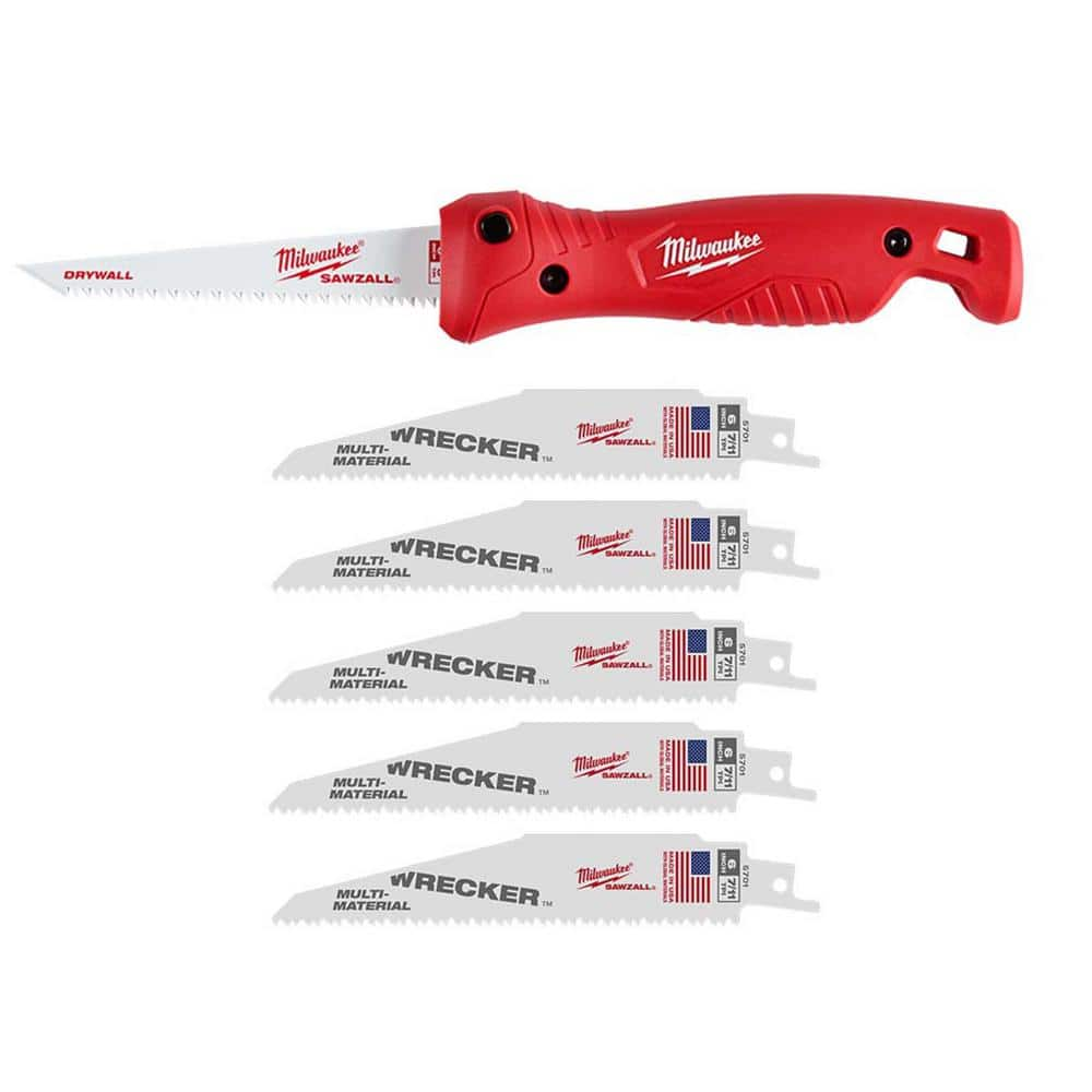 Milwaukee Folding Jab Saw with 6 in. 8TPI SAWZALL Drywall Blade with Multi-Material SAWZALL Reciprocating Saw Blades (7-Piece)