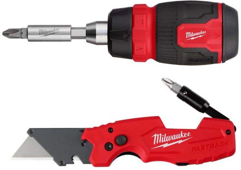 Milwaukee 8-in-1 Ratcheting Compact Multi-Bit Screwdriver with FASTBACK 6-in-1 Folding Utility Knife (2-Piece)