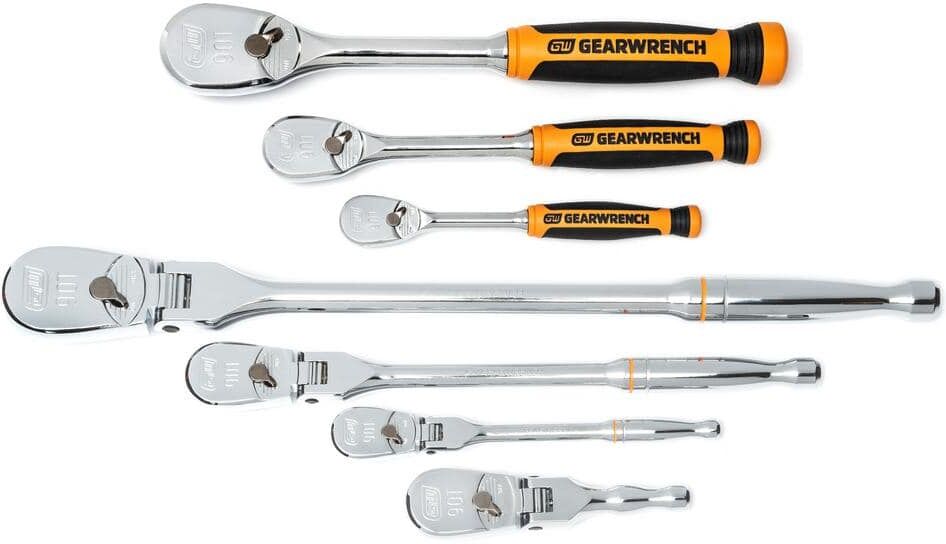 GEARWRENCH 1/4 in., 3/8 in. and 1/2 in. Drive 90-Tooth Dual Material Fixed and Flex-Head Ratchet Set (7-Piece)