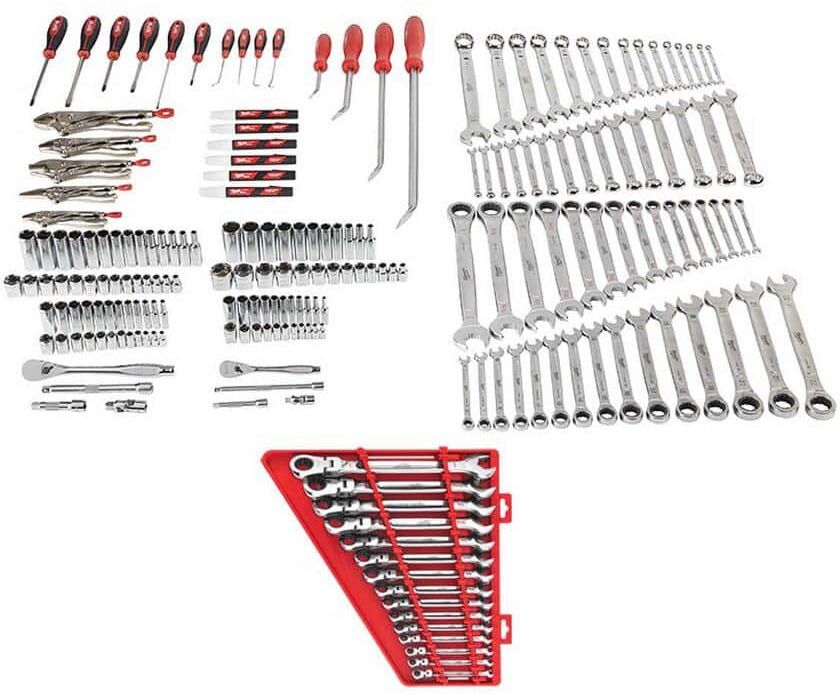 Milwaukee Mechanics Tool Set with 144-Position Flex-Head Ratcheting Combination Wrench Set SAE (206-Piece)