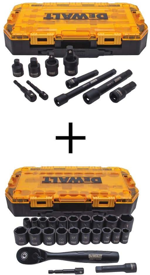 DeWalt 3/8 in. and 1/2 in. Drive Impact Accessory Set (10-Piece) and 3/8 in. Deep Impact Socket Set with Ratchet (23-Piece)