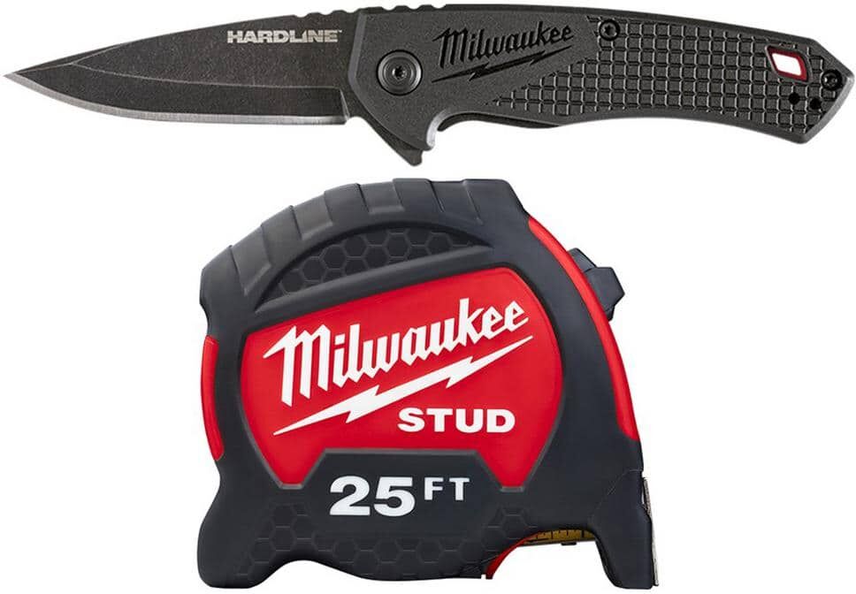 Milwaukee Hardline 2 .5 in. D 2 Steel Smooth Blade Pocket Folding Knife with 2 5 ft. Gen II STUD Tape Measure (2 -Piece)