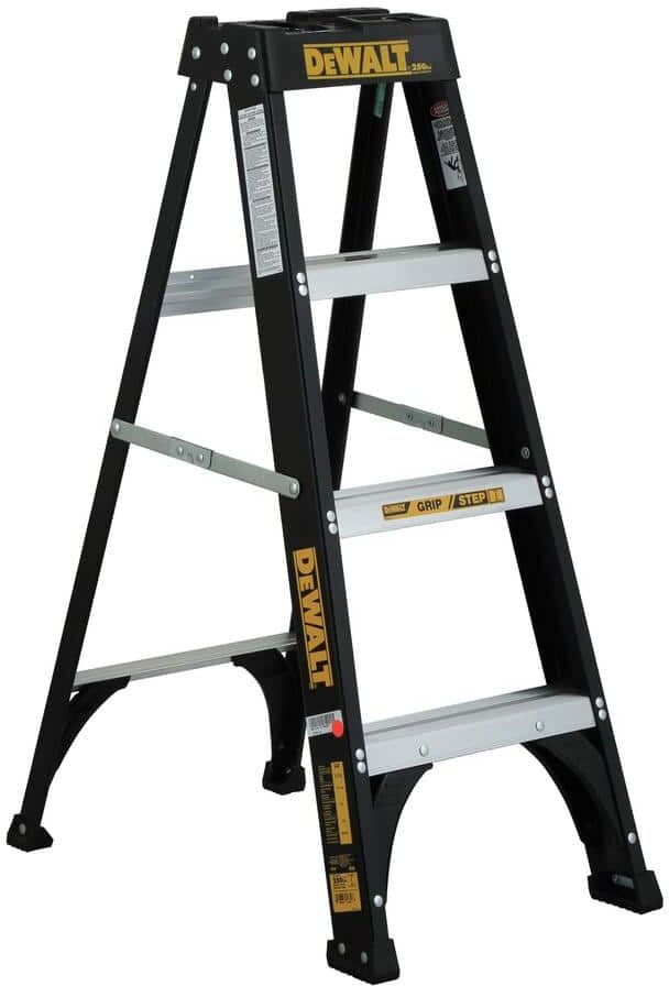 DeWalt 4 ft. Fiberglass Step Ladder 8.5 ft. Reach Height Type 1 - 250 lbs., Expanded Work Step and Impact Absorption System