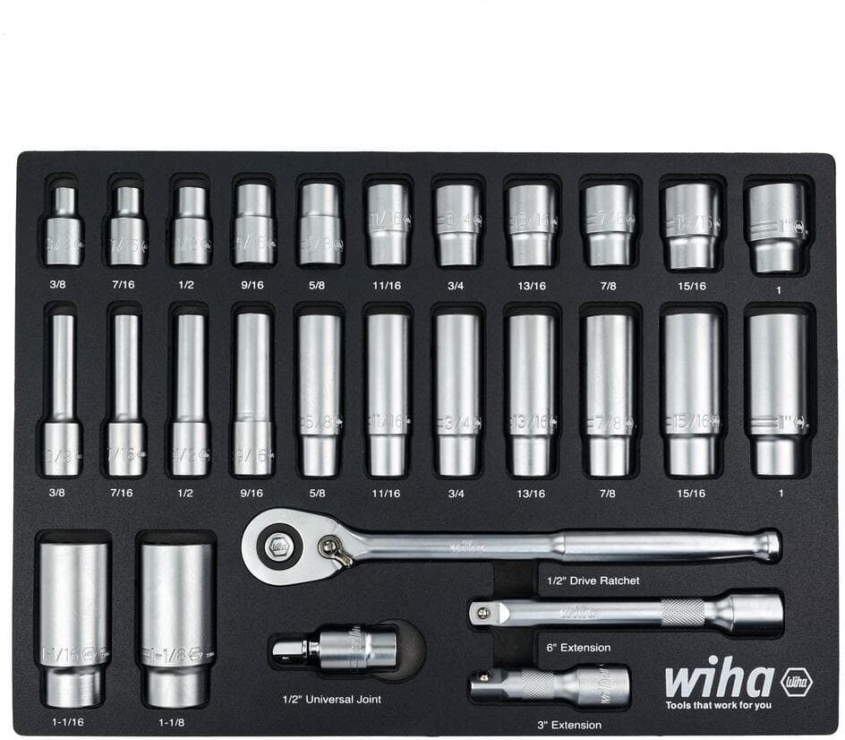 Wiha 1/2 in. Deep Socket Tray Set - SAE (28-Piece) Drive Professional Standard