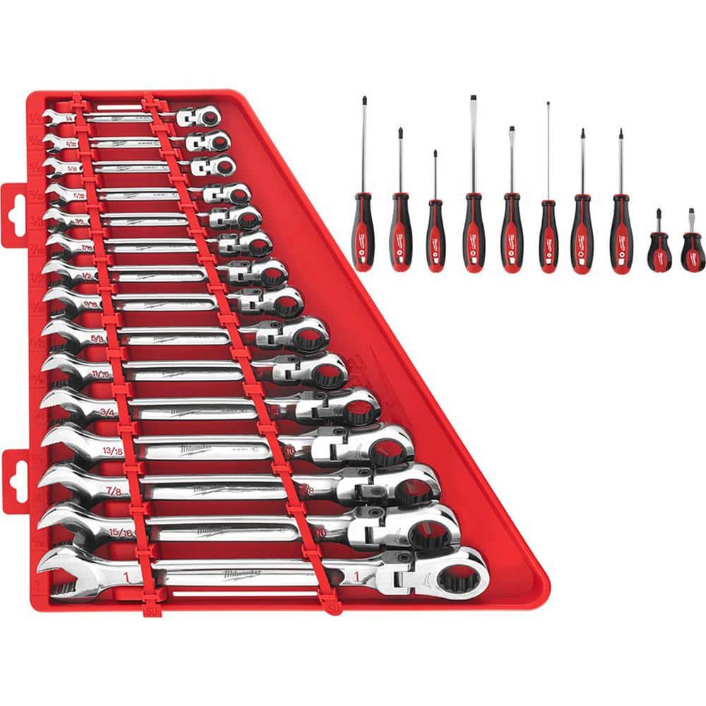 Milwaukee 144-Position Flex-Head Ratcheting Combination Wrench Set SAE with Screwdriver Set (25-Piece)