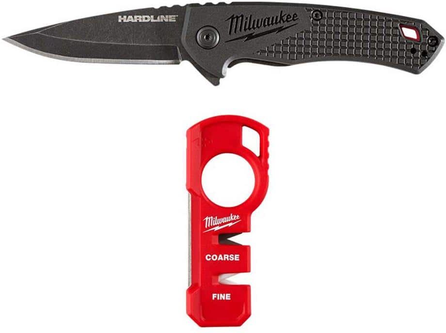 Milwaukee 2.5 in. Hardline D2 Steel Smooth Blade Pocket Folding Knife with Compact Jobsite Knife Sharpener (2-Piece)