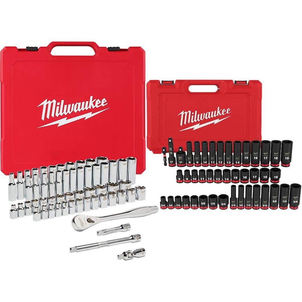 Milwaukee 3/8 in. Drive SAE/Metric Ratchet and Socket Mechanics Tool Set with 3/8 in. SAE/Metric Impact Socket Set (99-Piece)