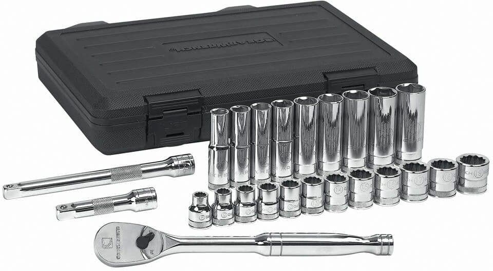 GEARWRENCH 3/8 in. Drive 6-Point Deep & 12-Point Standard Metric 90-Tooth Ratchet and Socket Mechanics Tool Set (24-Piece)