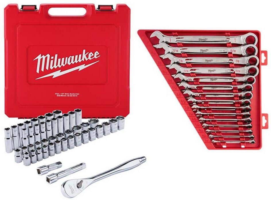 Milwaukee 1/2 in. Drive SAE/Metric Ratchet and Socket Mechanics Tool Set with SAE Combination Ratcheting Wrench Set (62-Piece)