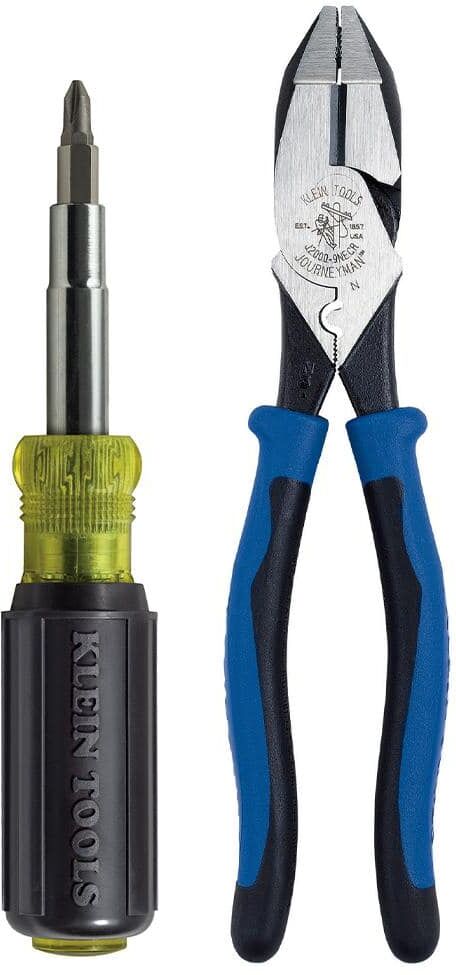 Klein Tools 9 in. Journeyman Heavy-Duty Side Cutting Crimping Pliers and Multi-Bit Screwdriver Tool Set