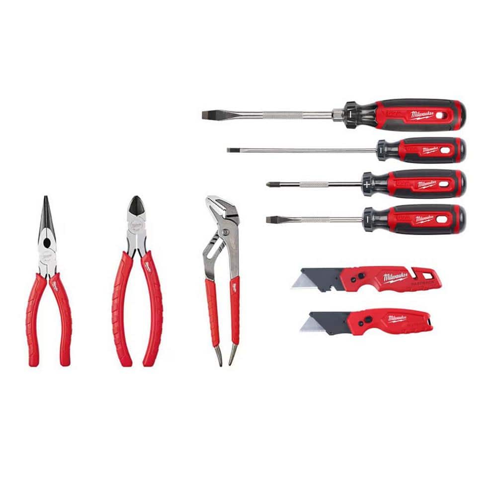 Milwaukee Screwdriver Set with Cushion Grip with FASTBACK Utility Knife and Compact Utility Knife and Pliers Kit (8-Piece)