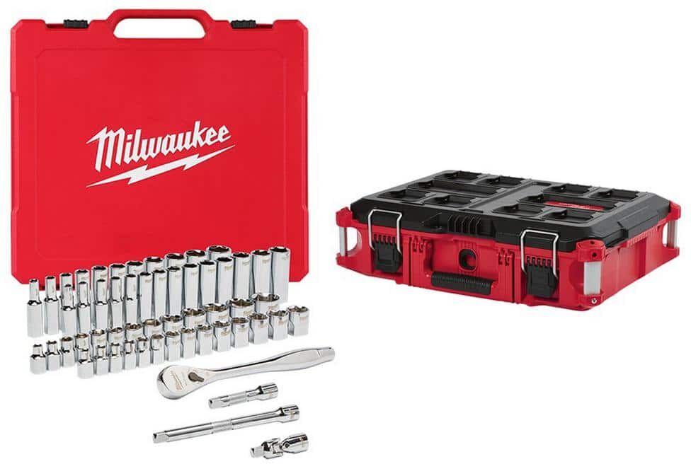 Milwaukee 3/8 in. Drive SAE/Metric Ratchet and Socket Mechanics Tool Set (56-Piece) with PACKOUT 22 in. Tool Box