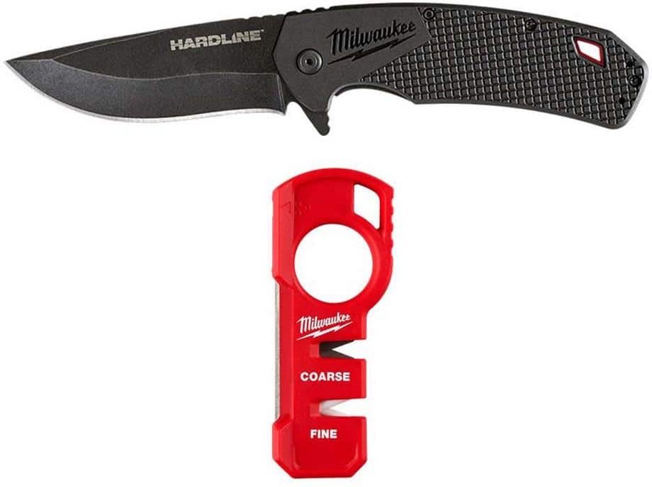 Milwaukee 3.5 in. Hardline D2 Steel Smooth Blade Pocket Folding Knife with Compact Jobsite Knife Sharpener (2-Piece)