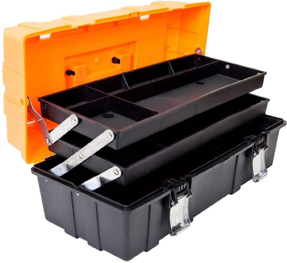 Torin Plastic Tool Box 3-Tiers Multi-Function Storage Portable Toolbox Organizer Black/Orange