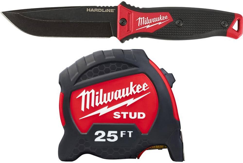 Milwaukee Hardline 5 in. AUS-8 Steel Fixed Blade Knife with 2 5 ft. x 1.3 in. Gen II STUD Tape Measure (2-Piece)