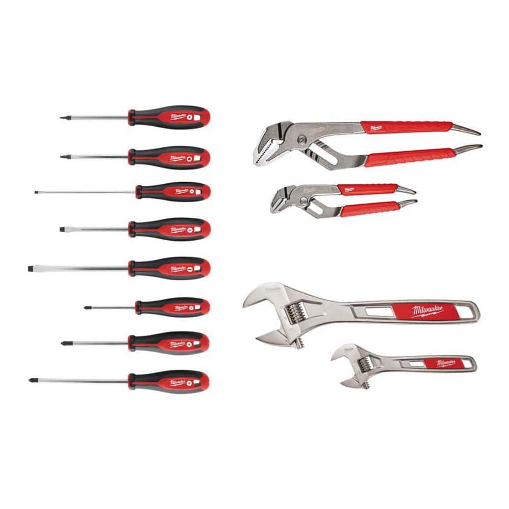 Milwaukee Screwdriver Set with 6 in. and 10 in. Adjustable Wrench Set and 6 in. and 10 in. Straight-Jaw Pliers Set (12-Piece)