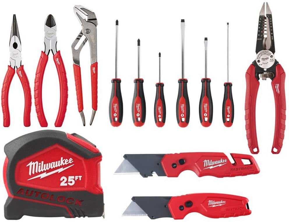 Milwaukee Pliers Kit with Screwdriver Set, 25 ft. Auto Lock Tape Measure, and FASTBACK Utility Knives Hand Tool Set (13-Piece)