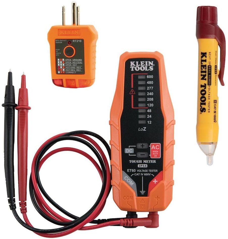 Klein Tools 3-Piece AC/DC Voltage Tester, 12V-1000-Volt AC Dual Range Non-Contact Voltage Tester & GFCI Receptacle Tester Tool Set