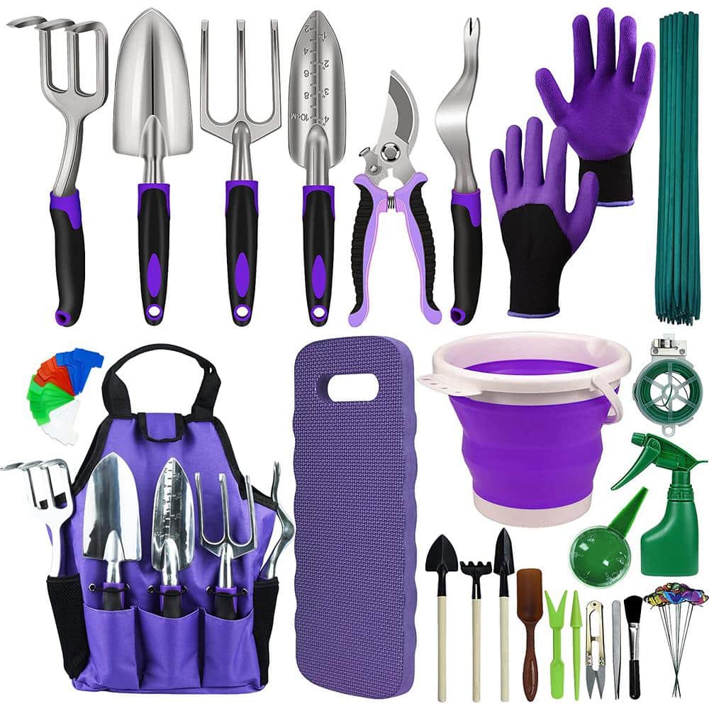 105-Piece Gardening Kit Including Garden Kneeling Pad Heavy-Duty Aluminum Gardening Hand Tools (Purple), Garden Tool Set
