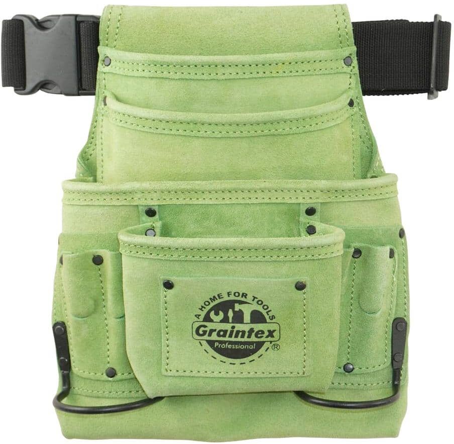 Graintex 10-Pocket Nail and Tool Pouch with Belt Lime Green Suede Leather w/2 Hammer Holders