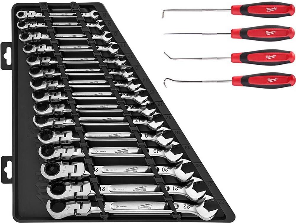 Milwaukee 144-Position Flex-Head Ratcheting Combination Wrench Set Metric with Hook and Pick Set (19-Piece)