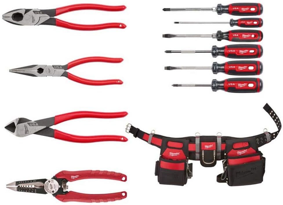 Milwaukee Electricians 9 in. Lineman's Dipped Grip Pliers with Screwdriver, Wire Stripper and Work Belt Hand Tool Set (11-Piece)