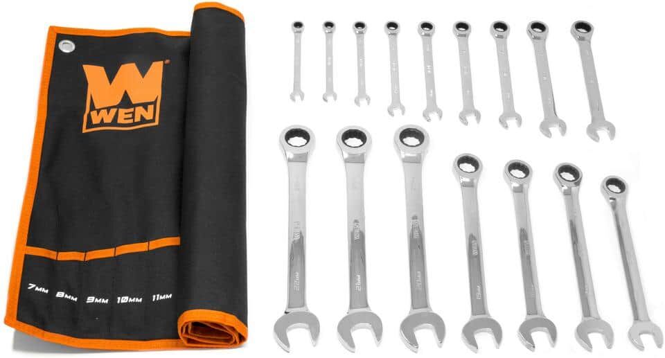 WEN Professional-Grade Ratcheting Metric Combination Wrench Set with Storage Pouch (16-Piece)