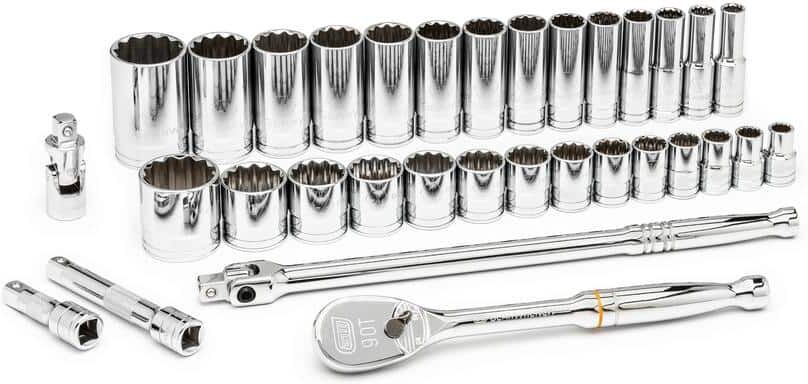 GEARWRENCH 1/2 in. Drive 12-Point Standard & Deep SAE 90-Tooth Ratchet and Socket Mechanics Tool Set (33-Piece)