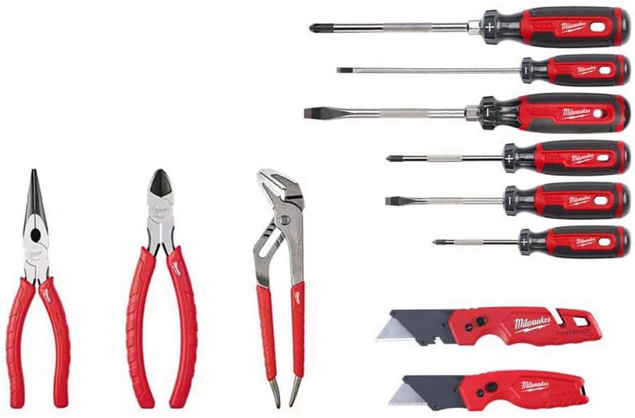 Milwaukee Screwdriver Set with Cushion Grip with FASTBACK Utility Knife and Compact Utility Knife and Pliers Kit (10-Piece)