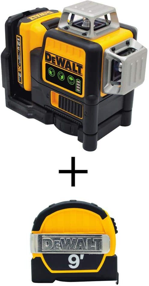 DeWalt 12V MAX Lithium-Ion 100 ft. Green Self-Leveling 3-Beam 360 Degree Laser Level Kit and 9 ft. Pocket Tape Measure