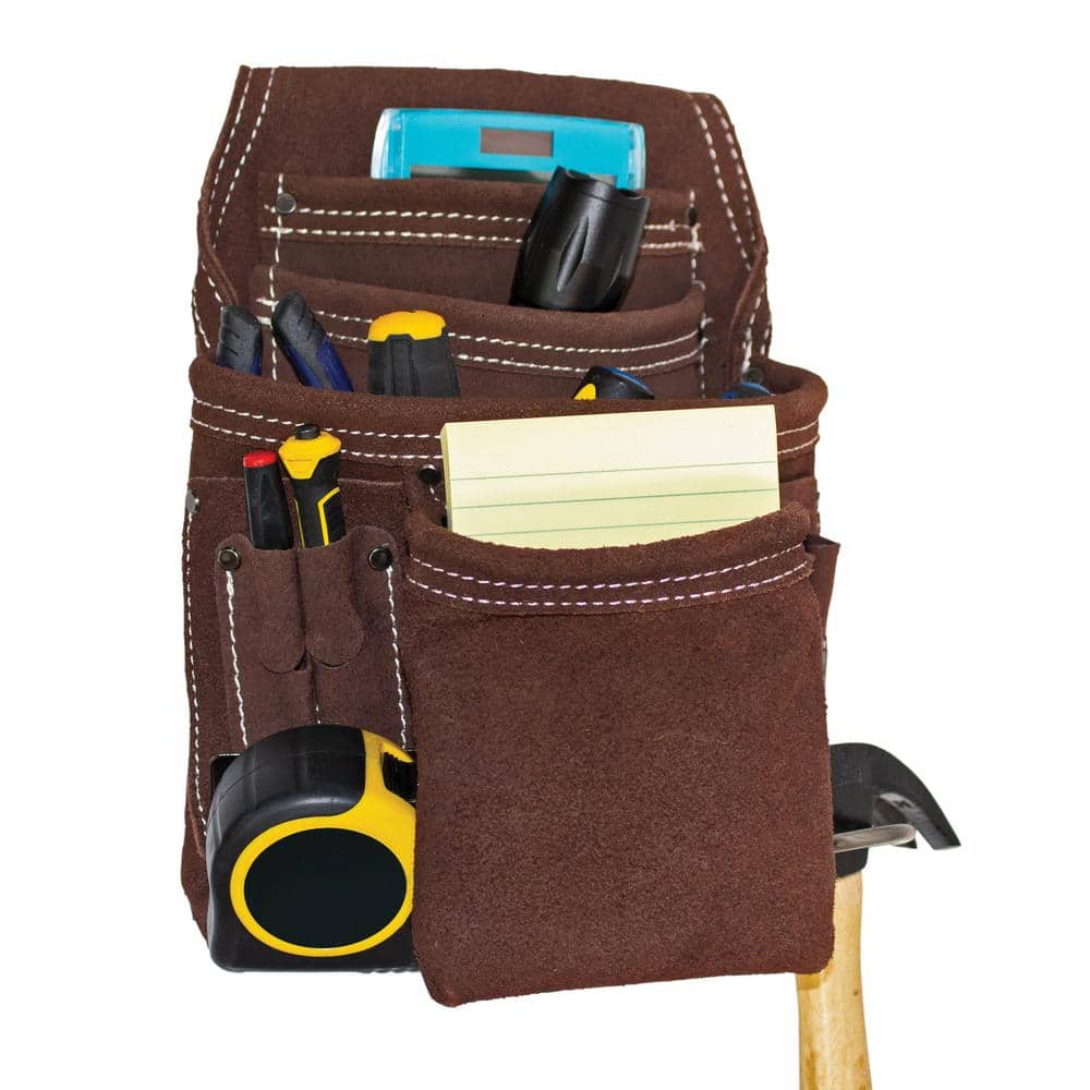 Boss 10 Pocket Suede Leather Work Tool Belt Pouch with Steel Hammer Loop and Tape Measure Holder