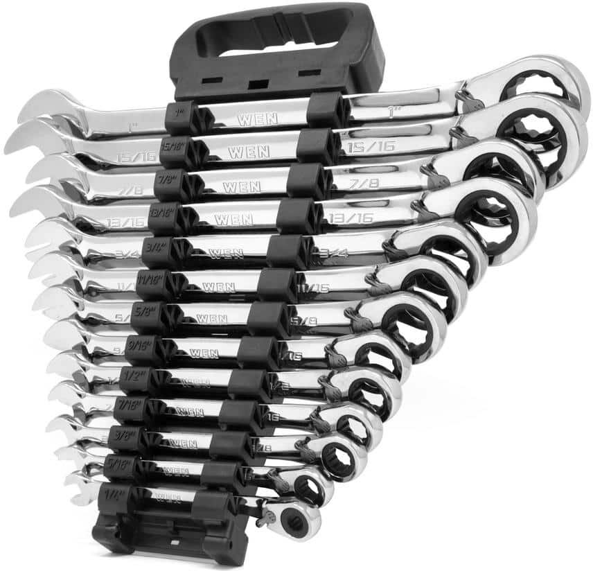 WEN 13-Piece Professional-Grade Reversible Ratcheting SAE Combination Wrench Set with Storage Rack